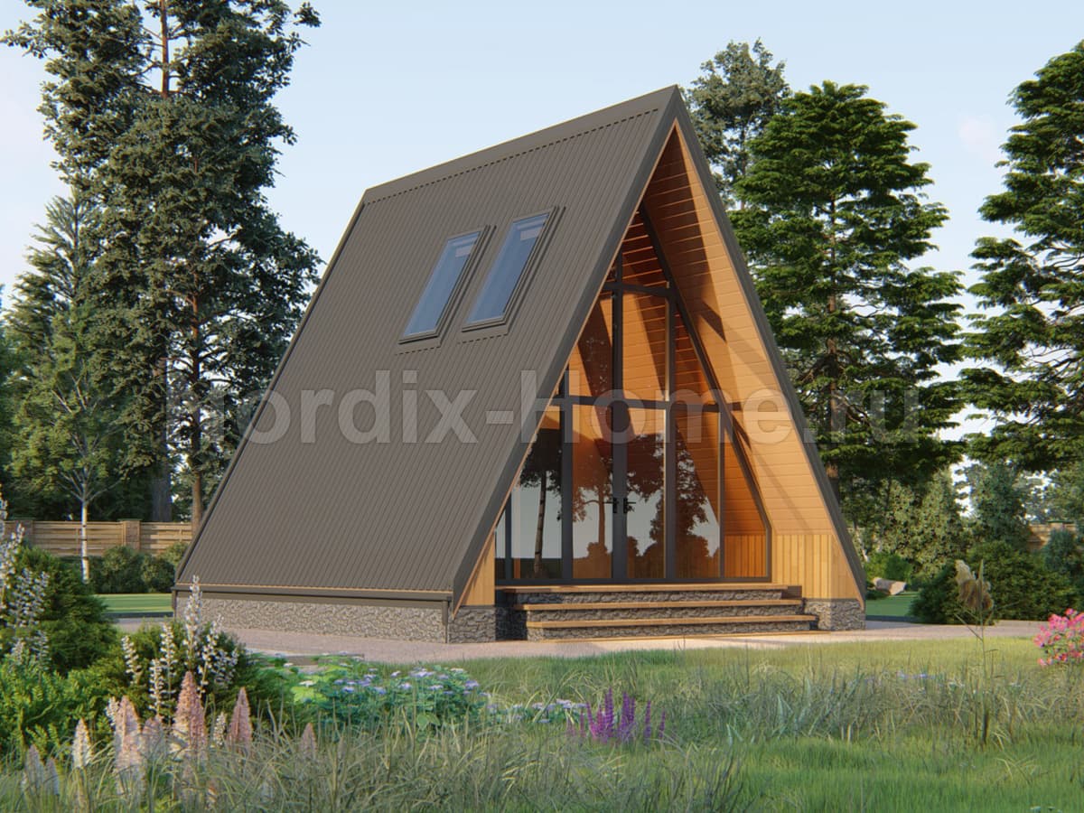Проект каркасного дома Aurora, а-фрейм 42,3 м2, 1,5 этажа, 2 спальни