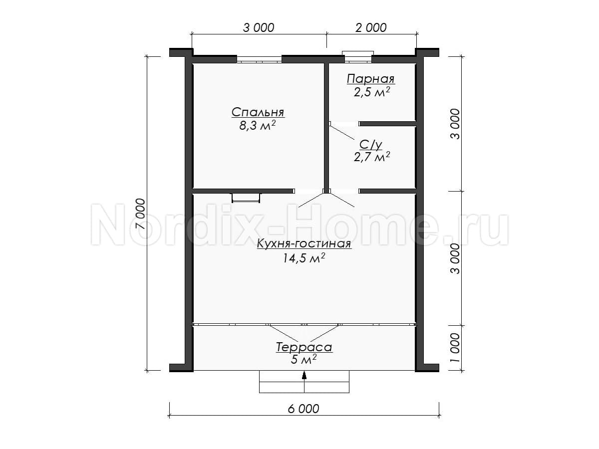 Первый этаж проекта каркасного дома Aurora, 42,3 м2