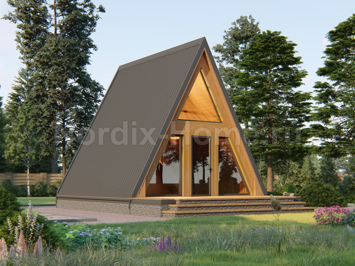 Проект каркасного дома Lumi, а-фрейм 35,1 м2, 1,5 этажа, 1 спальня