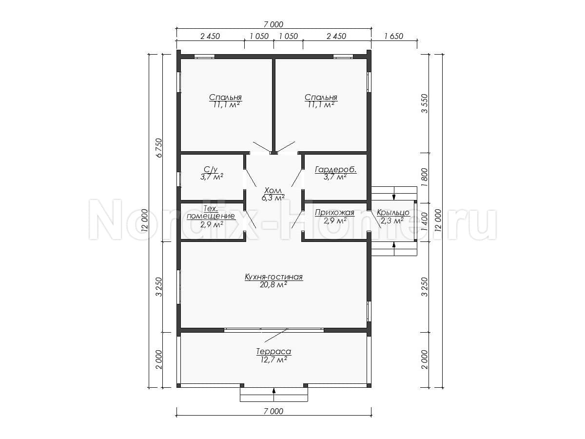 Первый этаж проекта каркасного дома Nord, 77,5 м2
